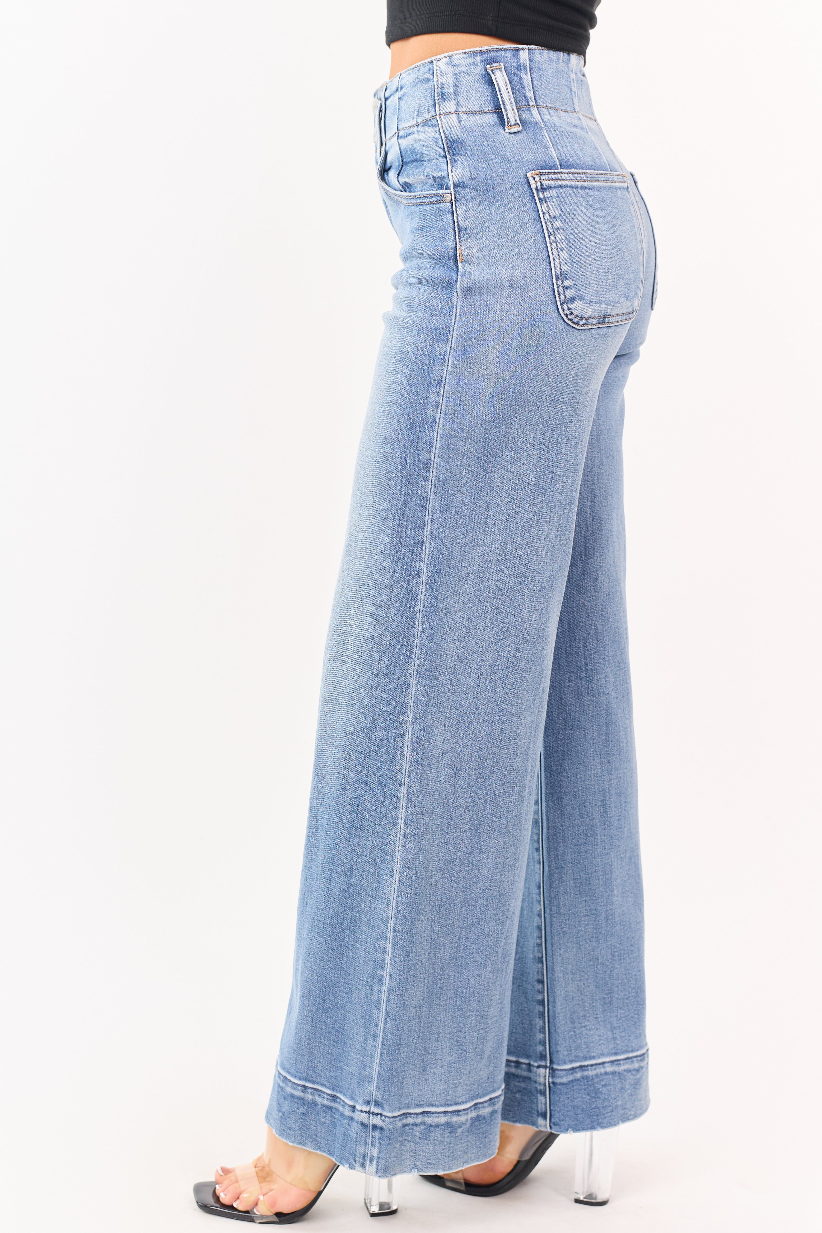 Risen Medium Wash Waist Seam Wide Leg Stretchy Jeans