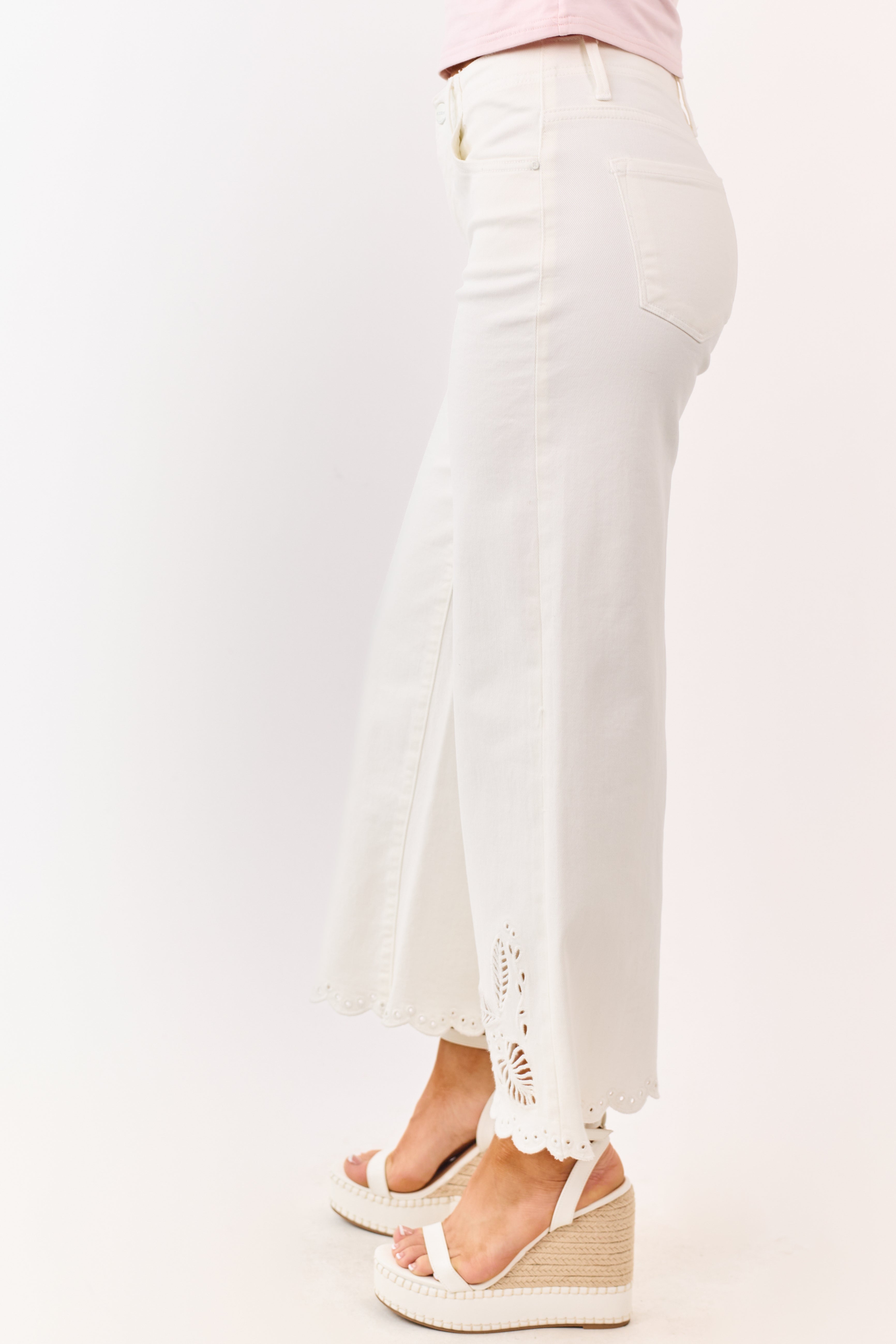 Risen White Tummy Control Embroidered Wide Leg Jeans
