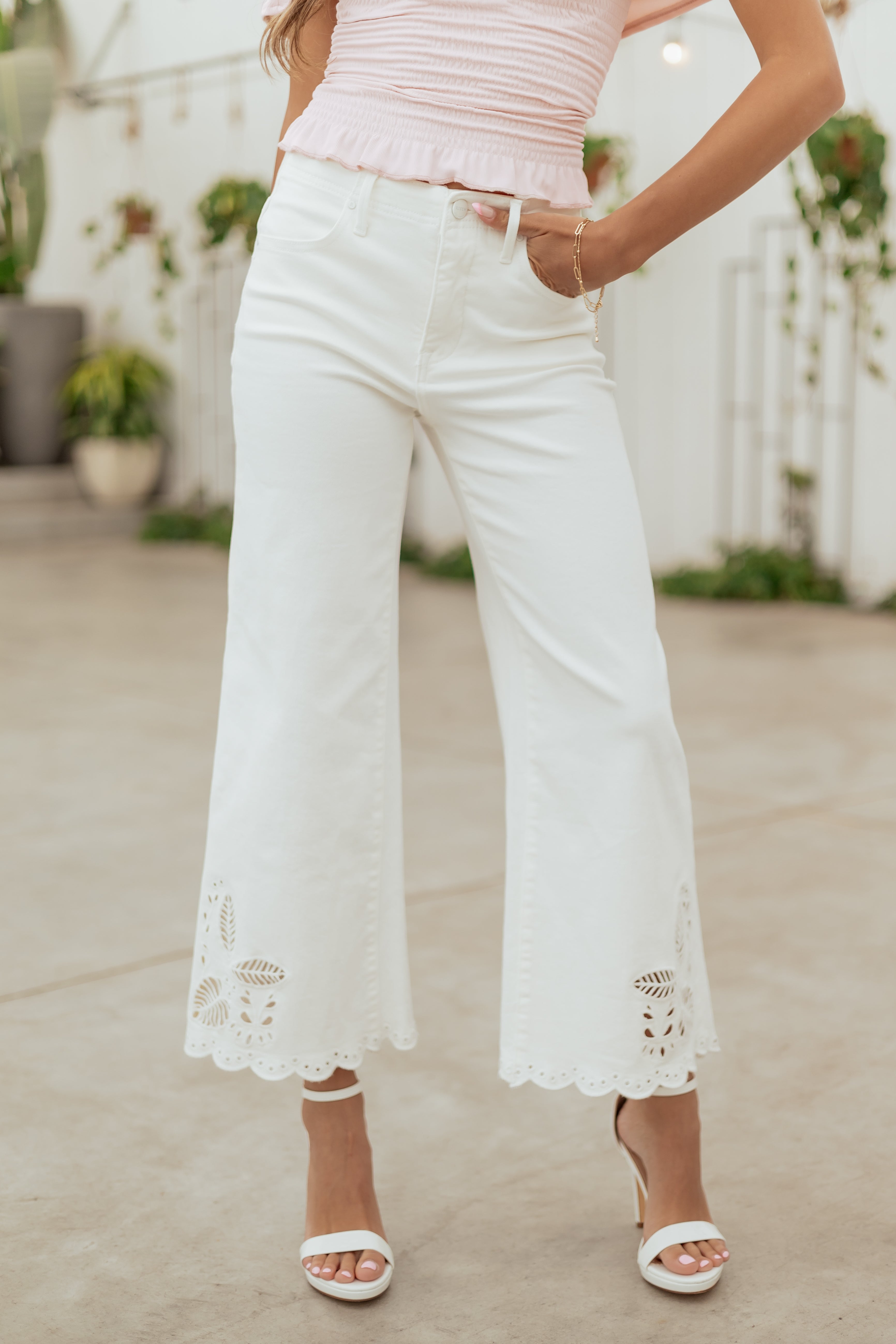 Risen White Tummy Control Embroidered Wide Leg Jeans