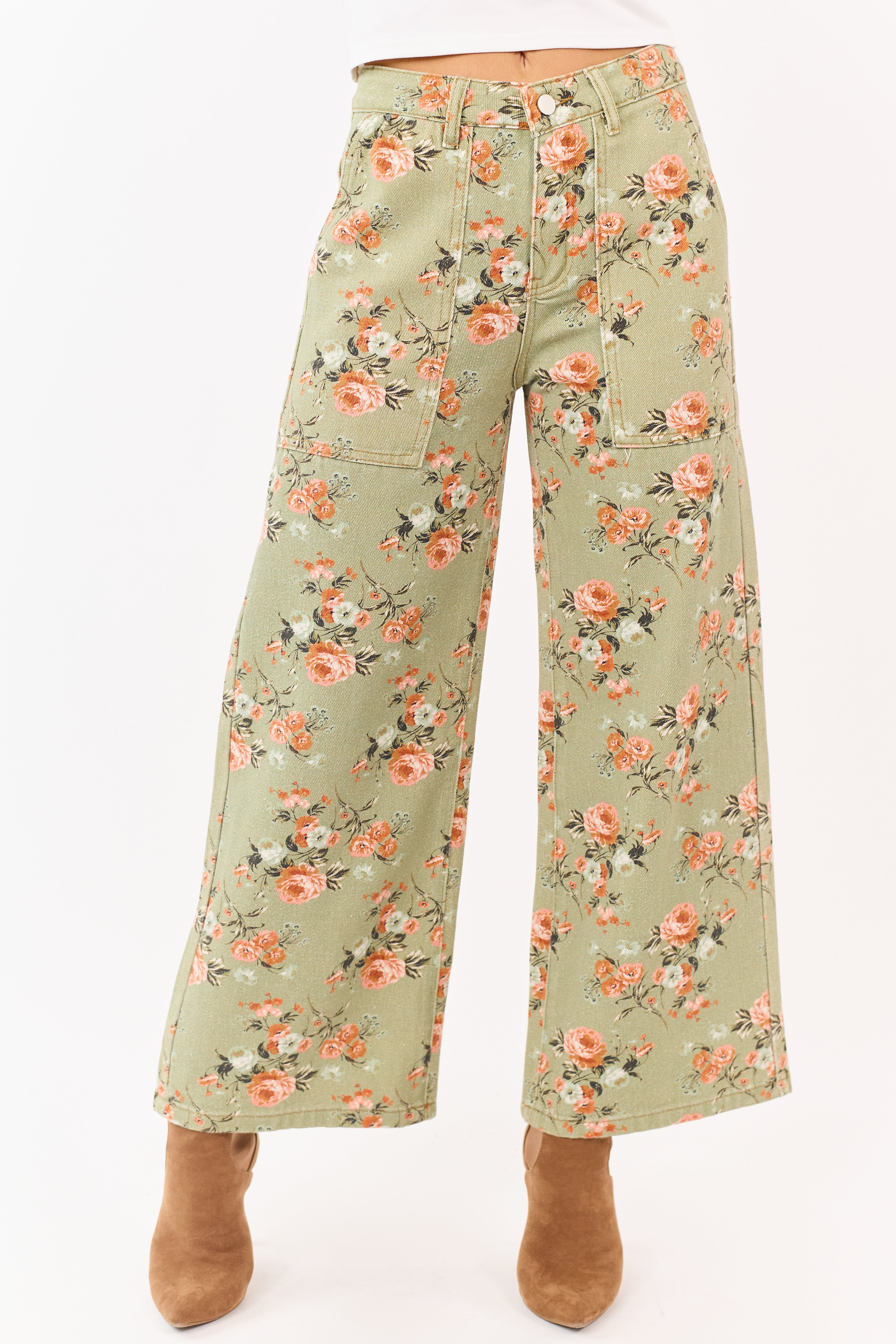 Sage Rose Print Wide Leg High Rise Jeans