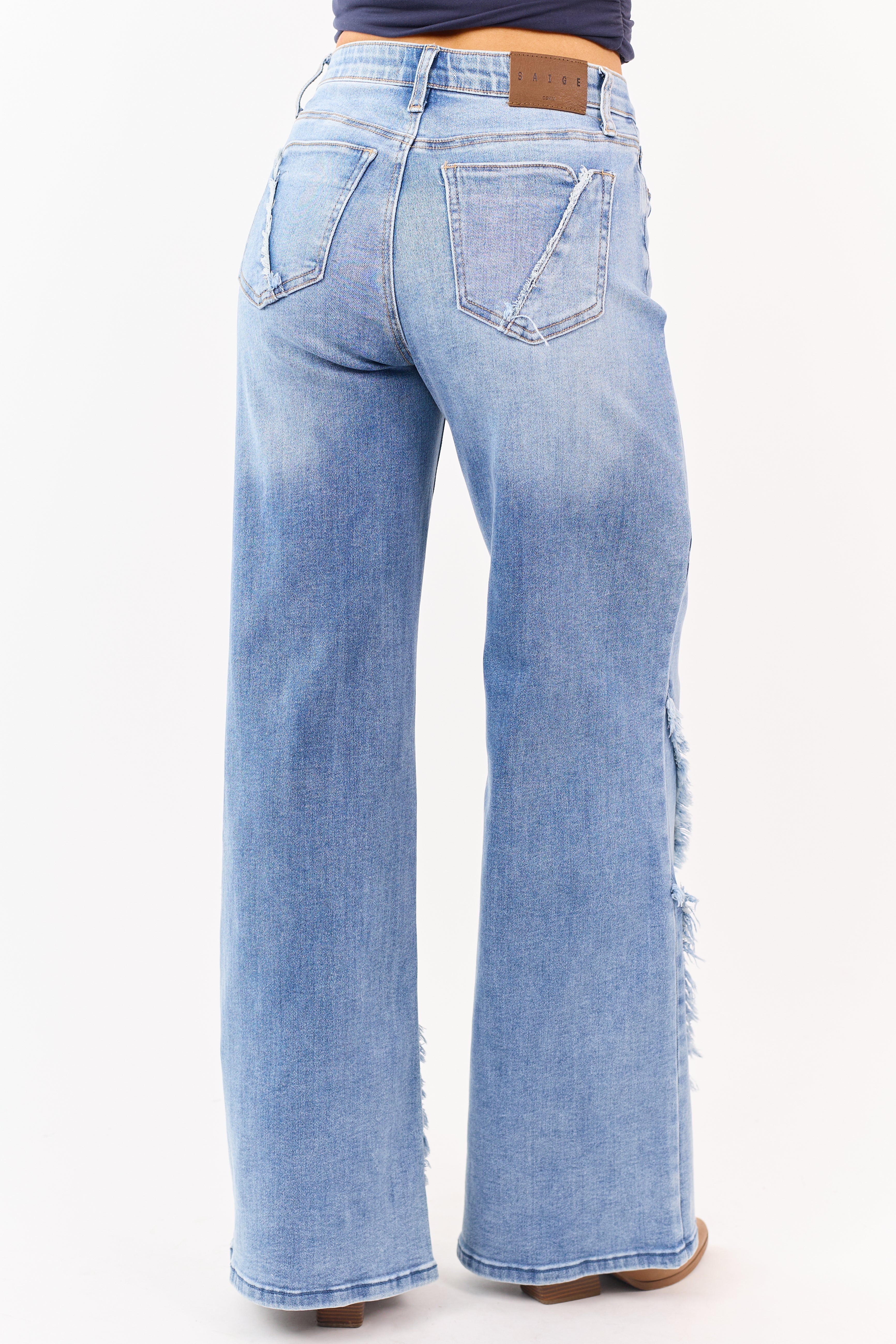 Saige Medium Tummy Control Stretchy Wide Frayed Jeans