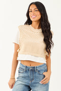Sand Layered Crochet Short Sleeve Crop Top