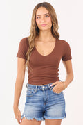 Sepia Rib Knit Double Layer V-Neck Cropped Top