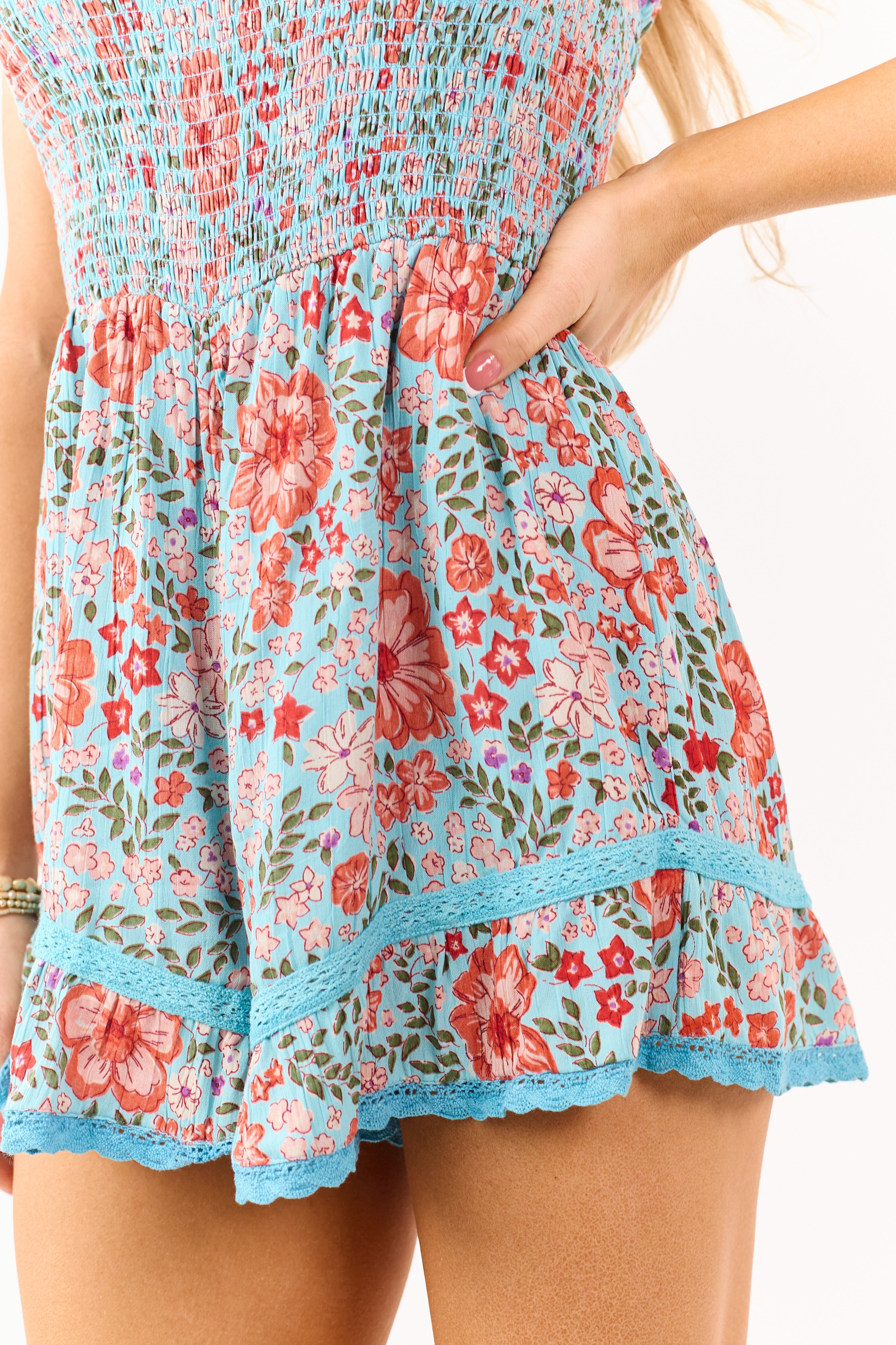 Sky Blue Floral Smocked Bodice Strapless Romper