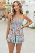 Sky Blue Floral Smocked Bodice Strapless Romper