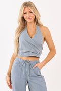 Steel Blue Pin Stripe Denim Wrap Cropped Halter Top