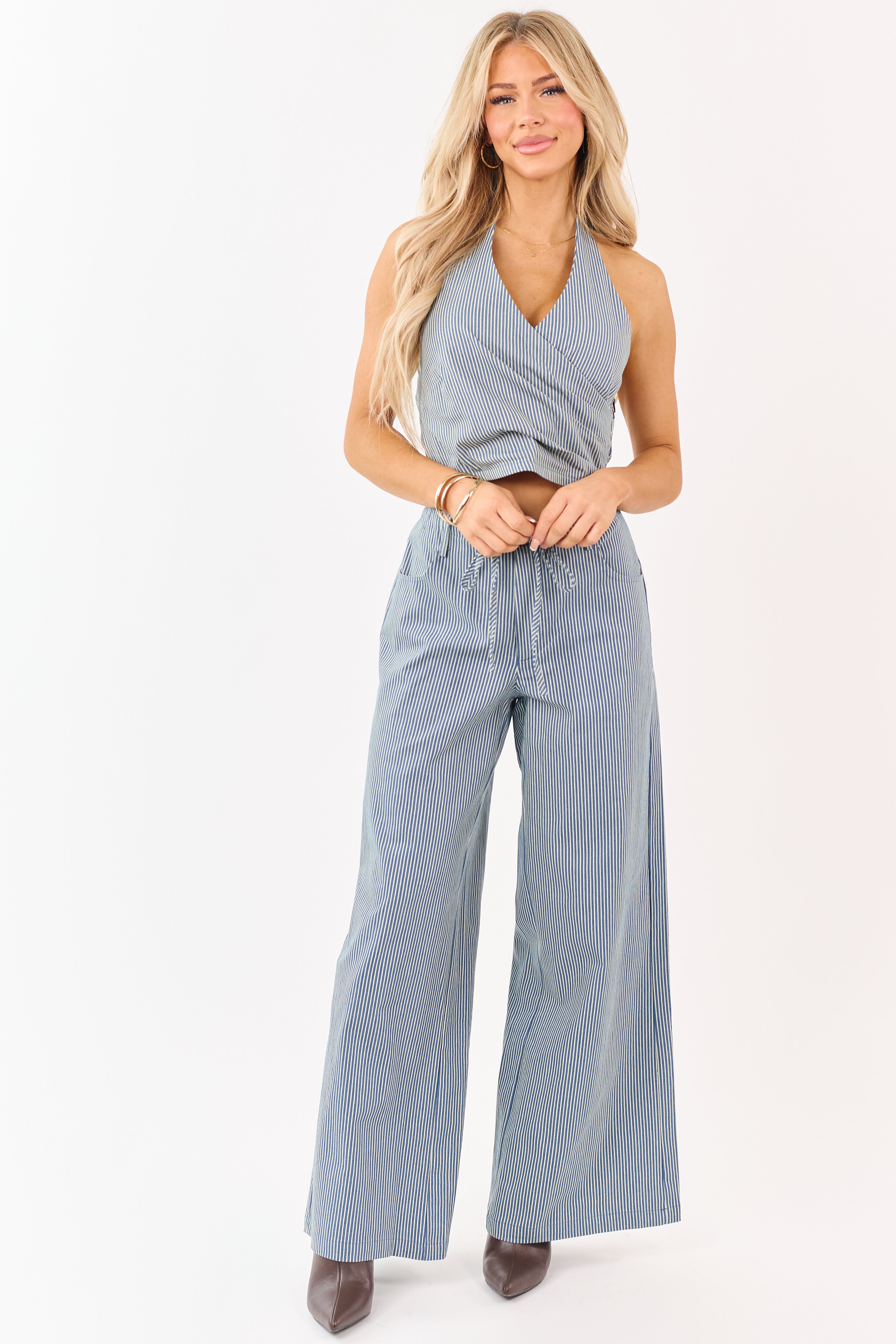 Steel Blue Pin Stripe Stretchy Denim Wide Leg Pants