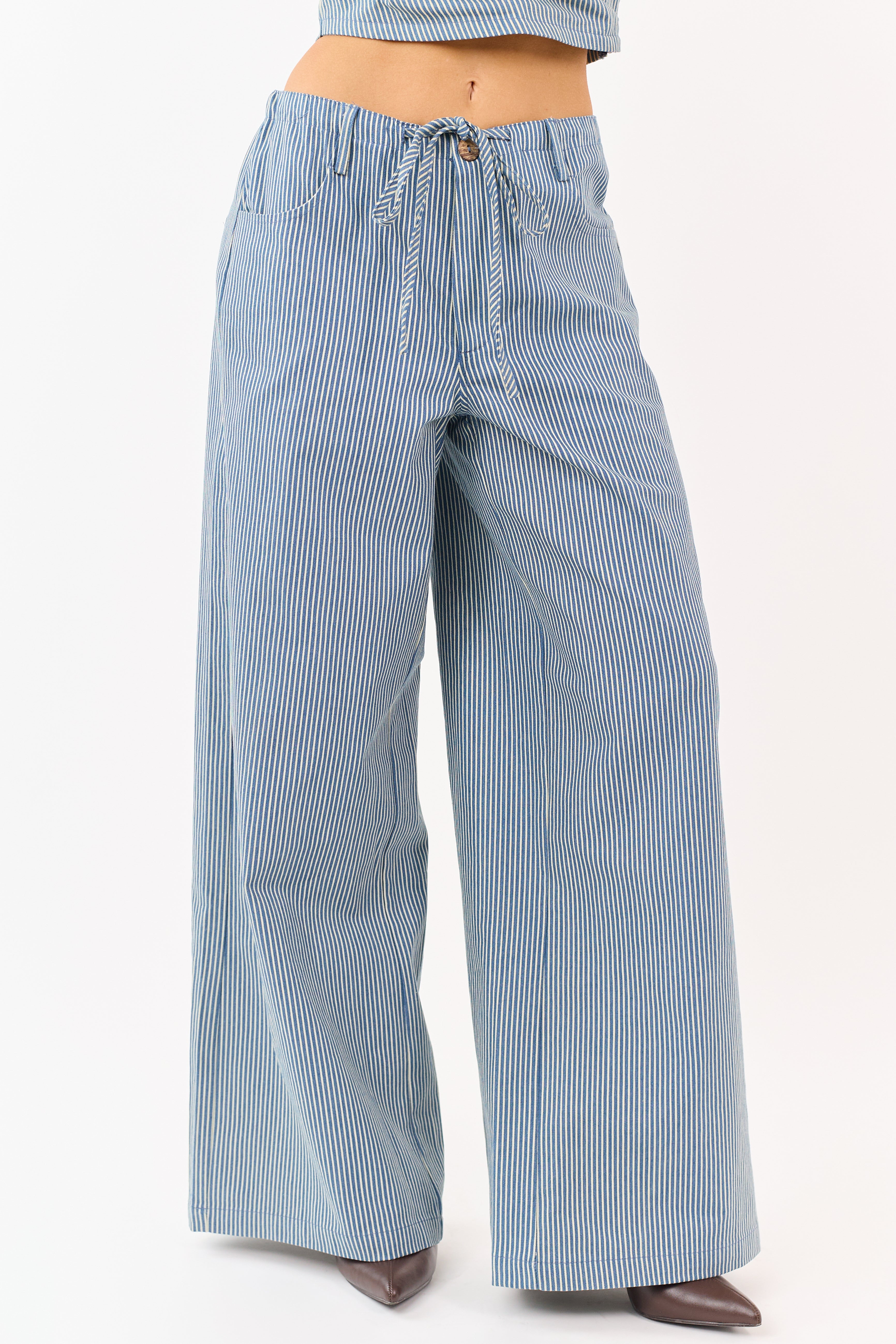 Steel Blue Pin Stripe Stretchy Denim Wide Leg Pants