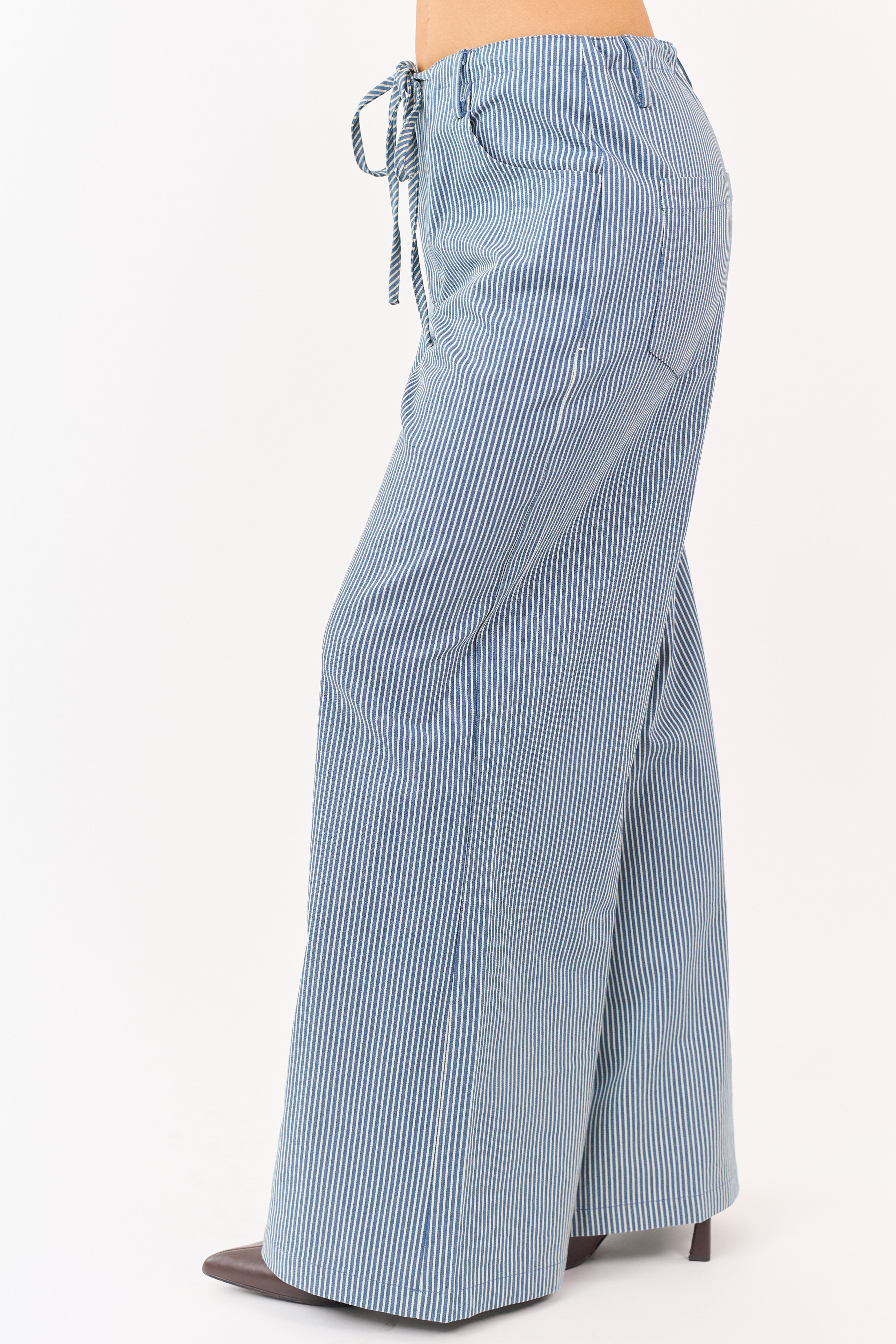Steel Blue Pin Stripe Stretchy Denim Wide Leg Pants