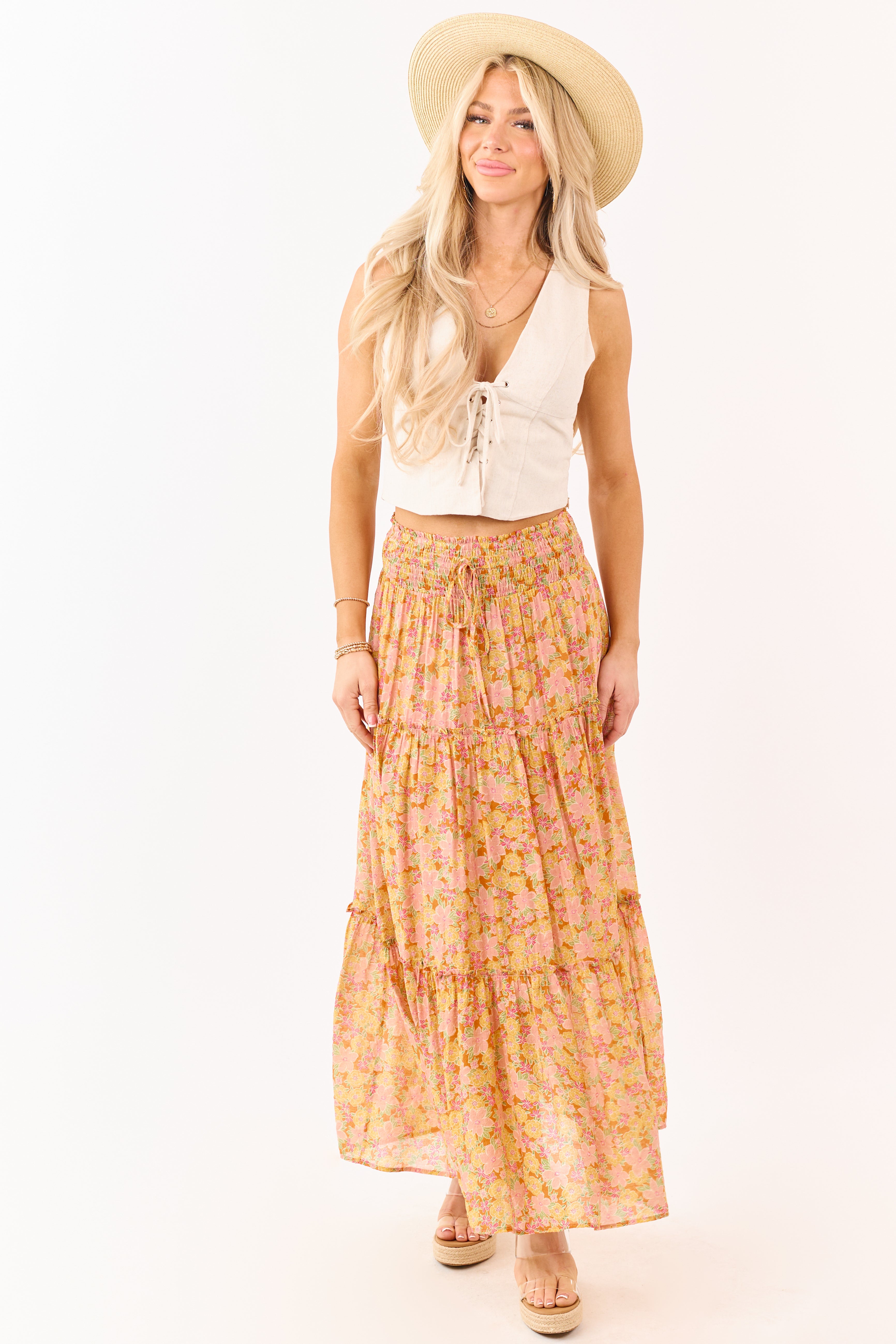 Tangerine Floral Print Tiered Maxi Skirt