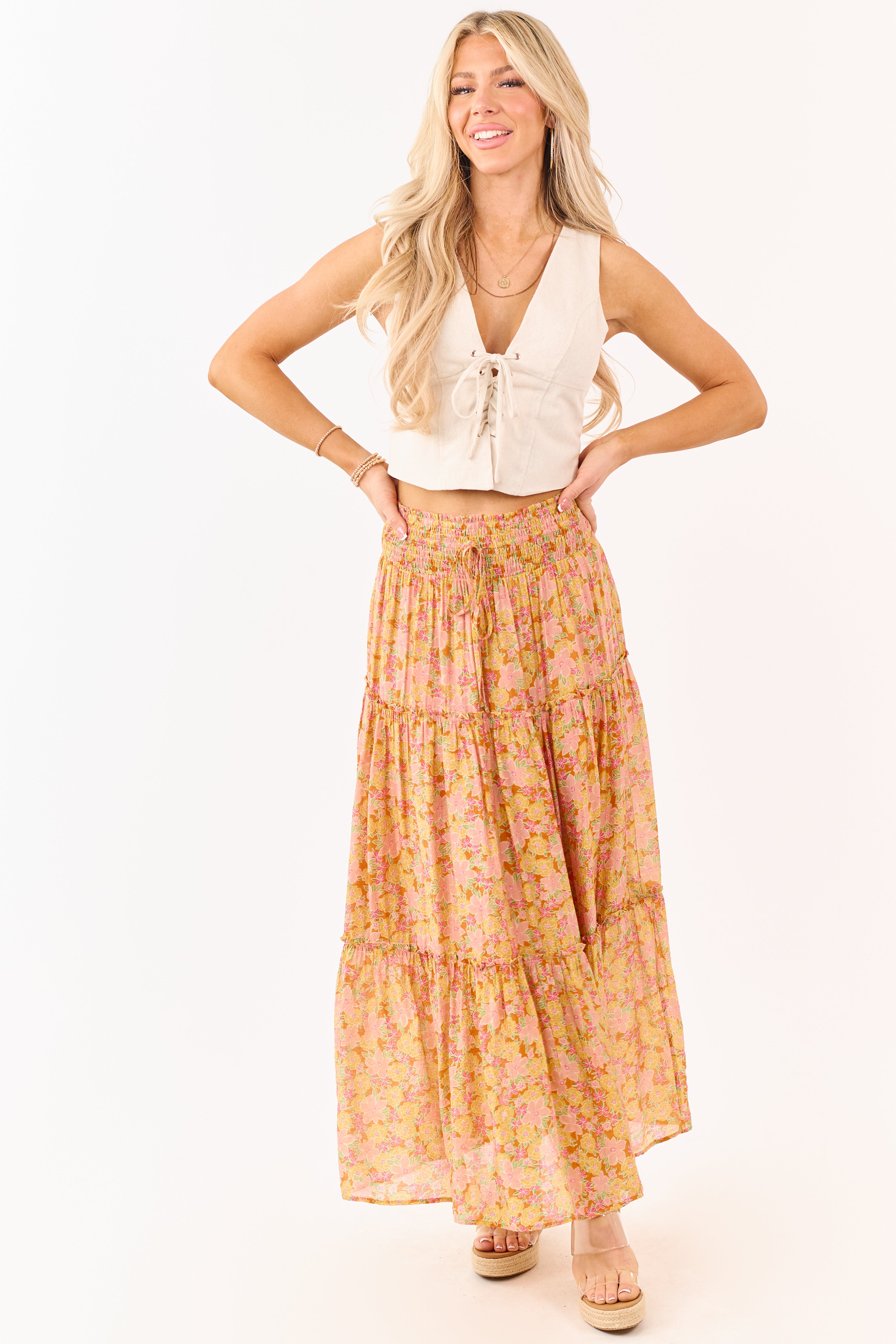 Tangerine Floral Print Tiered Maxi Skirt