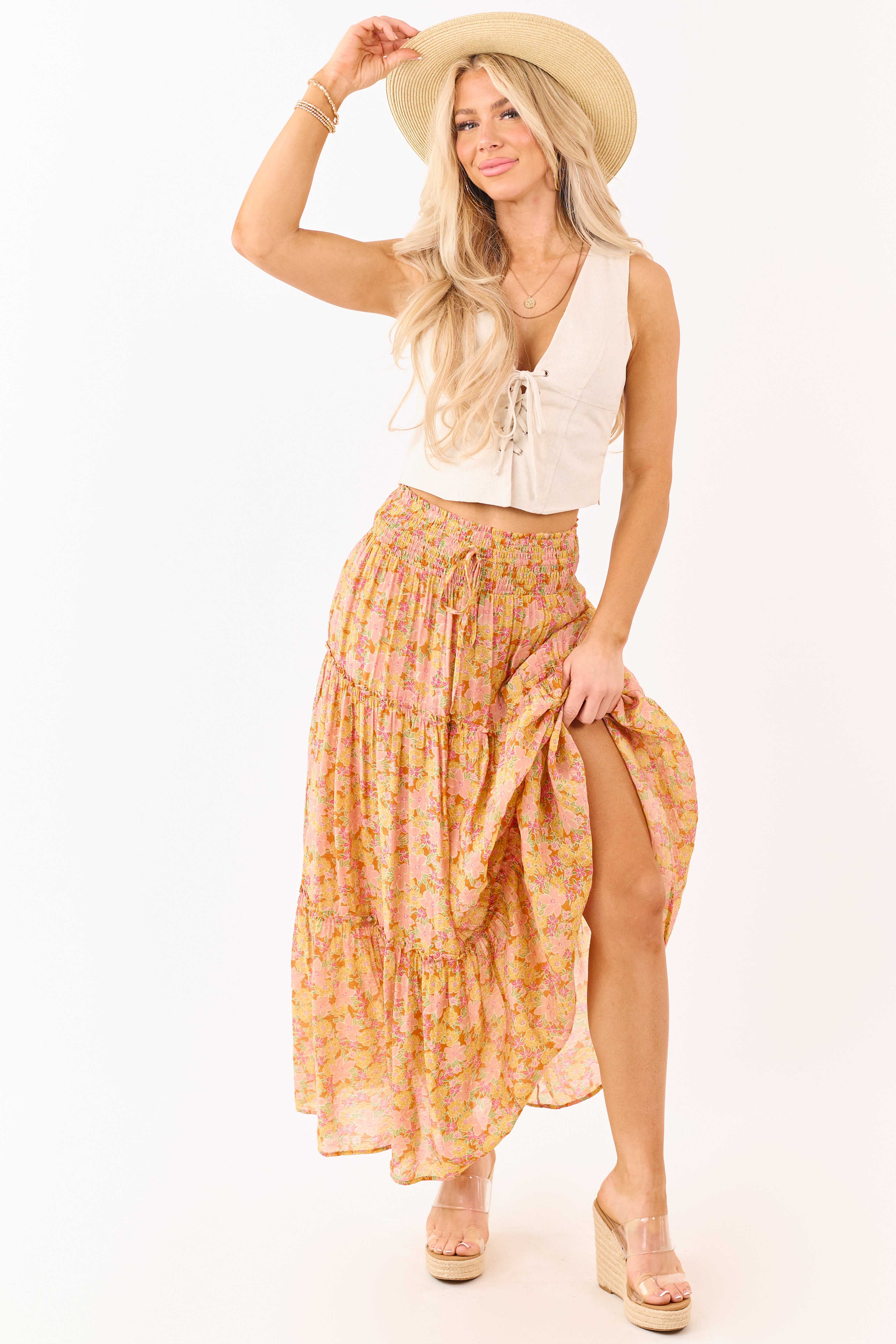 Tangerine Floral Print Tiered Maxi Skirt
