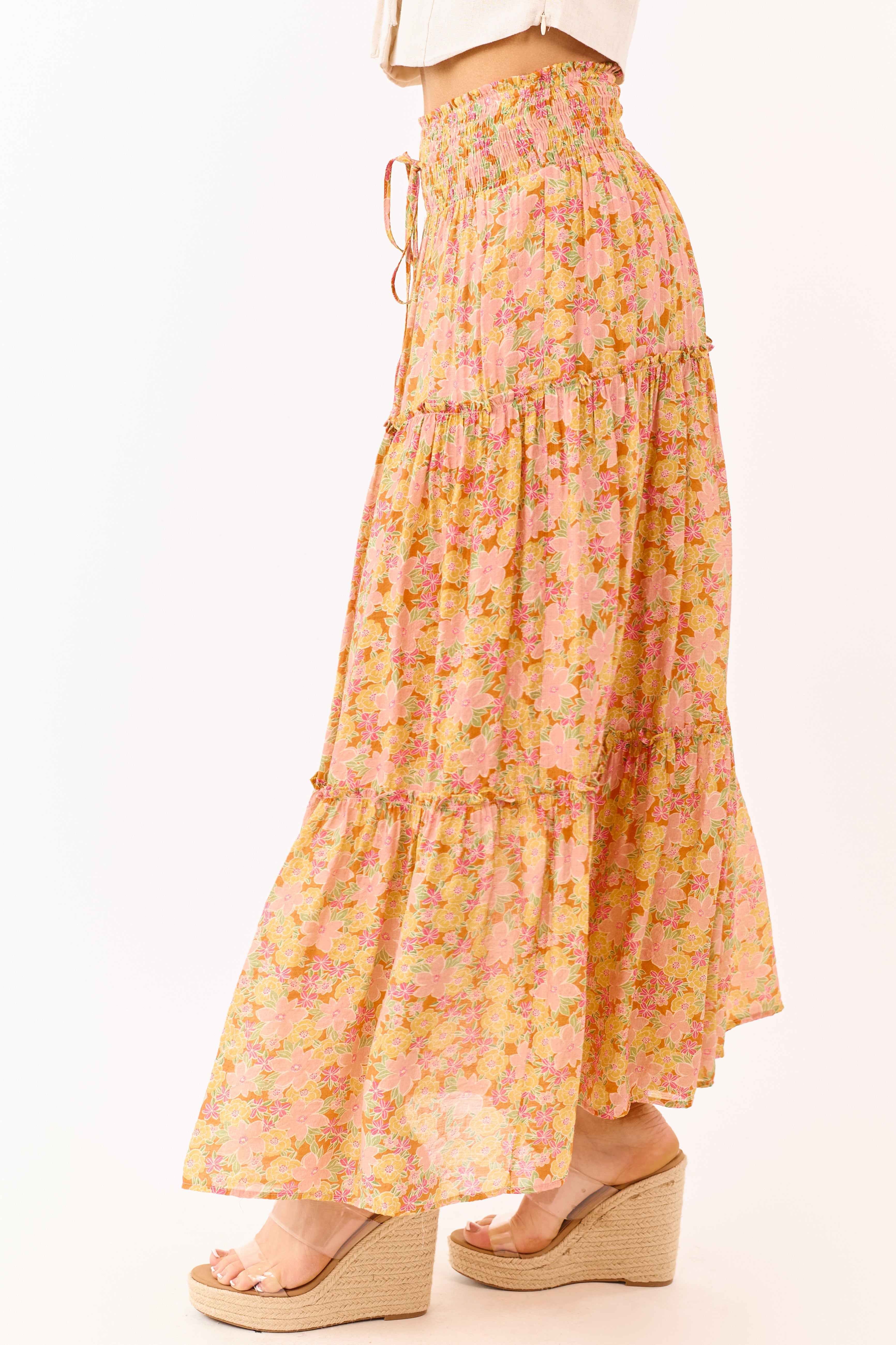 Tangerine Floral Print Tiered Maxi Skirt