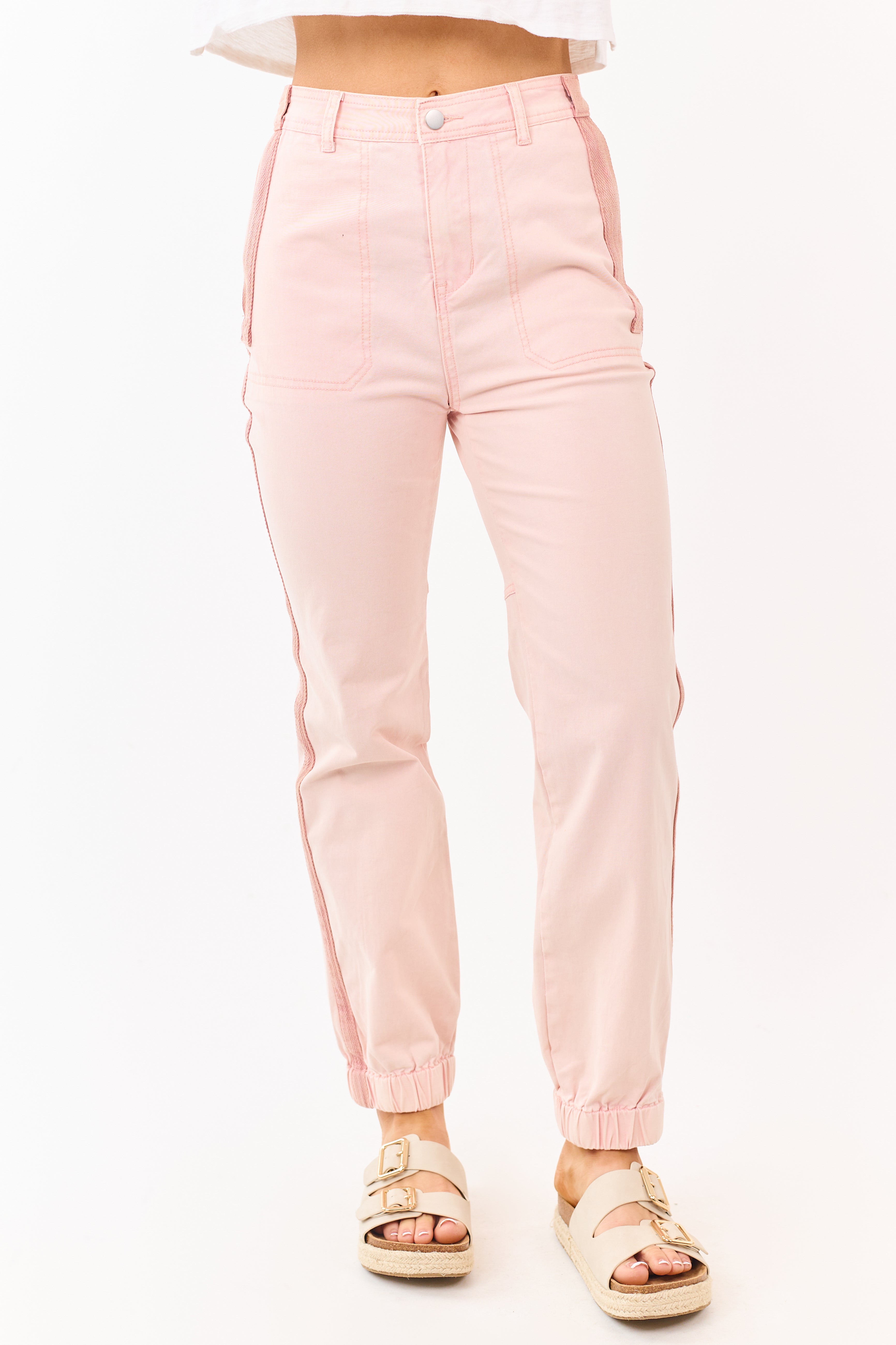 Tea Rose Sideline Contrast Stripe Denim Joggers
