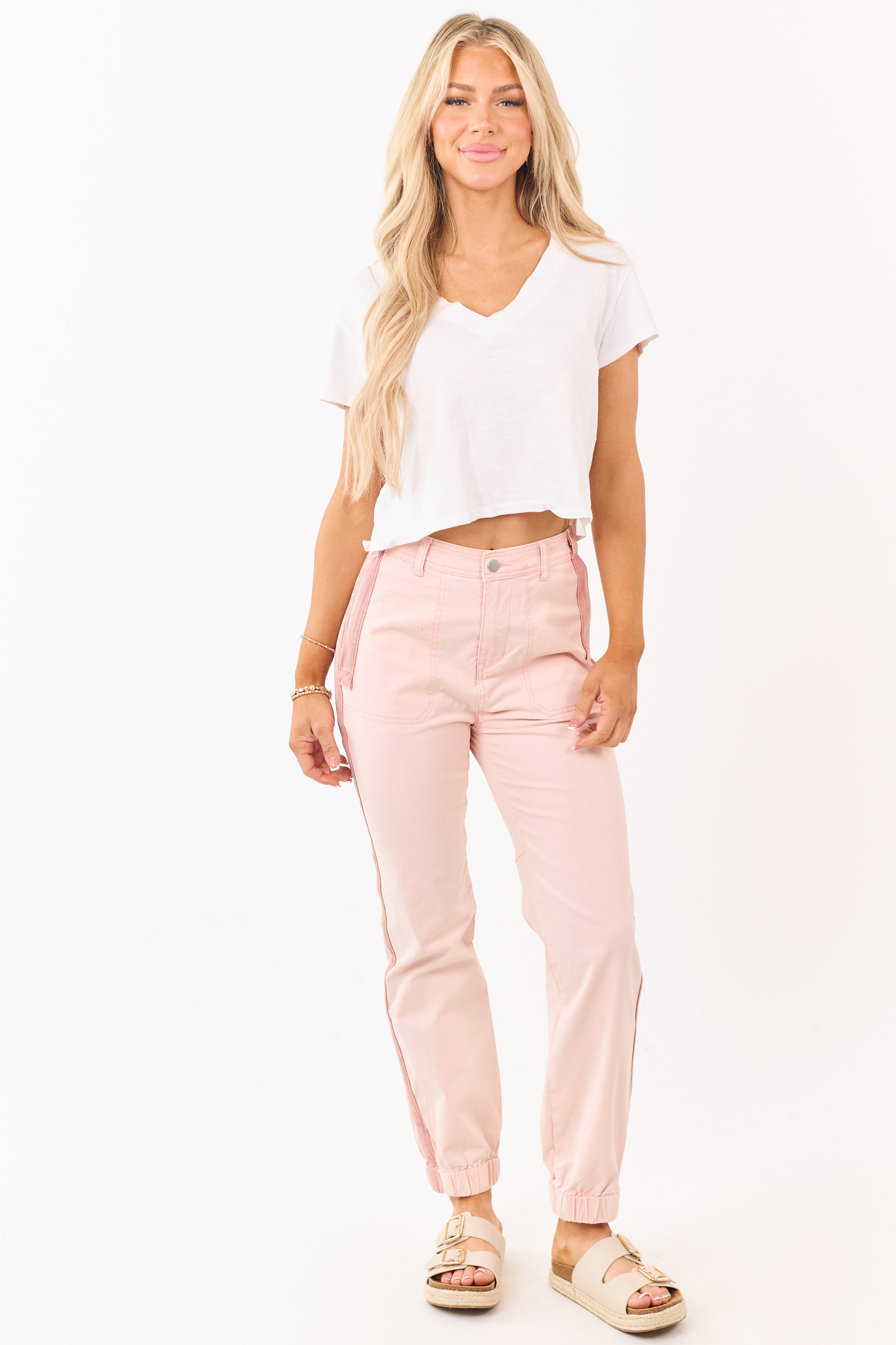 Tea Rose Sideline Contrast Stripe Denim Joggers