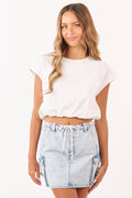 White Bubble Hem Short Sleeve Crop Top