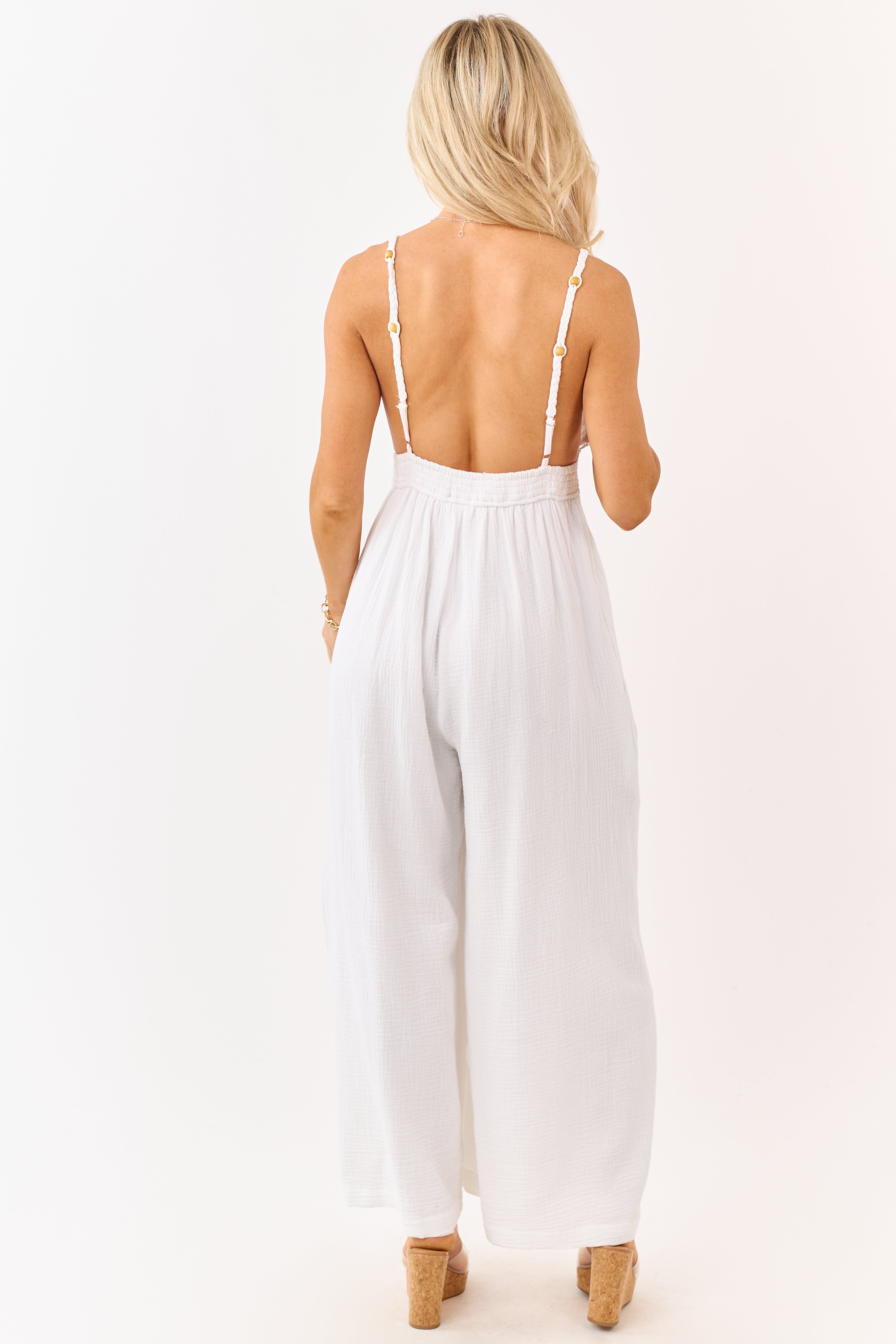 White Cotton Gauze Crochet Lace Sleeveless Jumpsuit