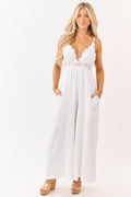 White Cotton Gauze Crochet Lace Sleeveless Jumpsuit