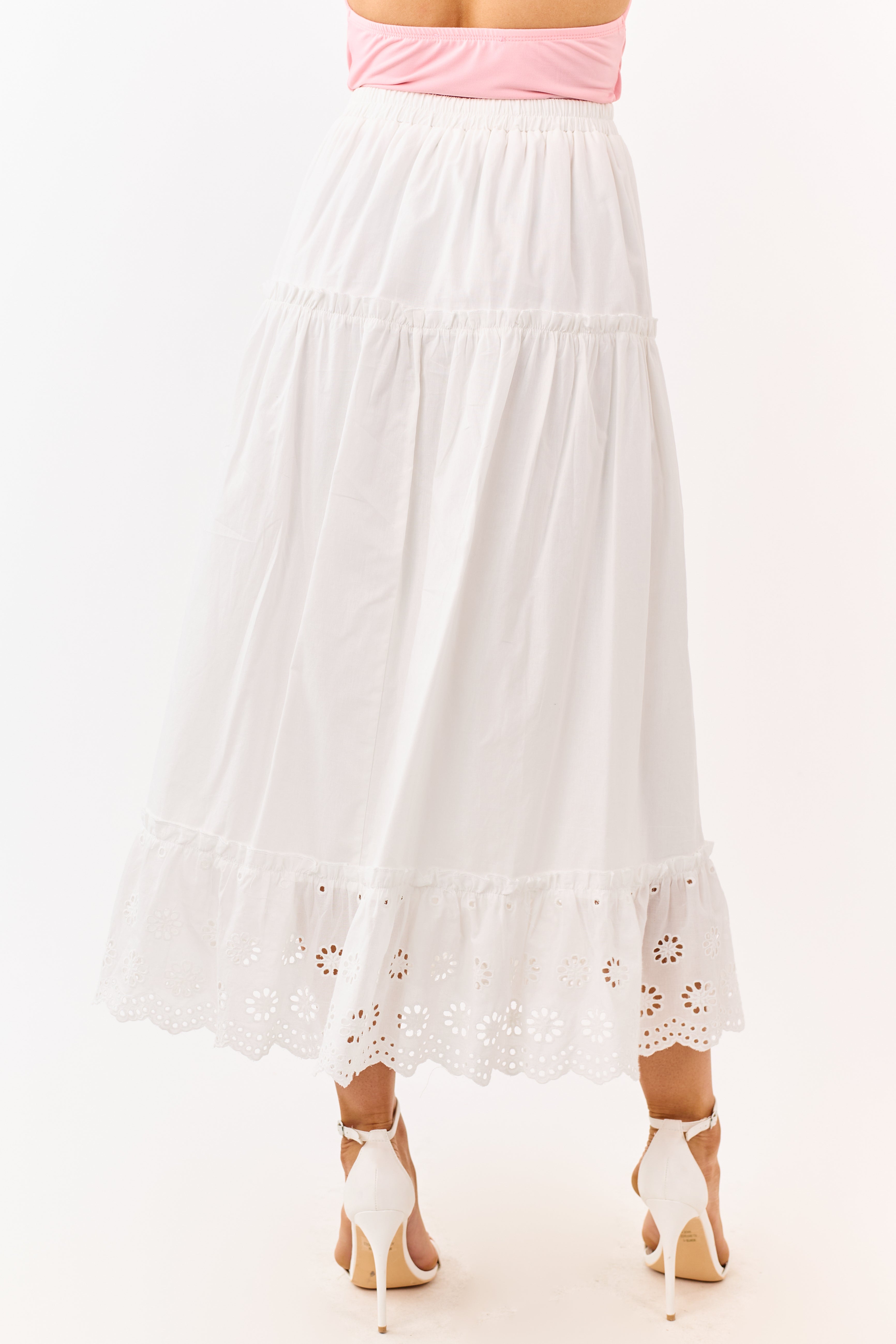 White Daisy Eyelet Hem Tiered Cotton Maxi Skirt