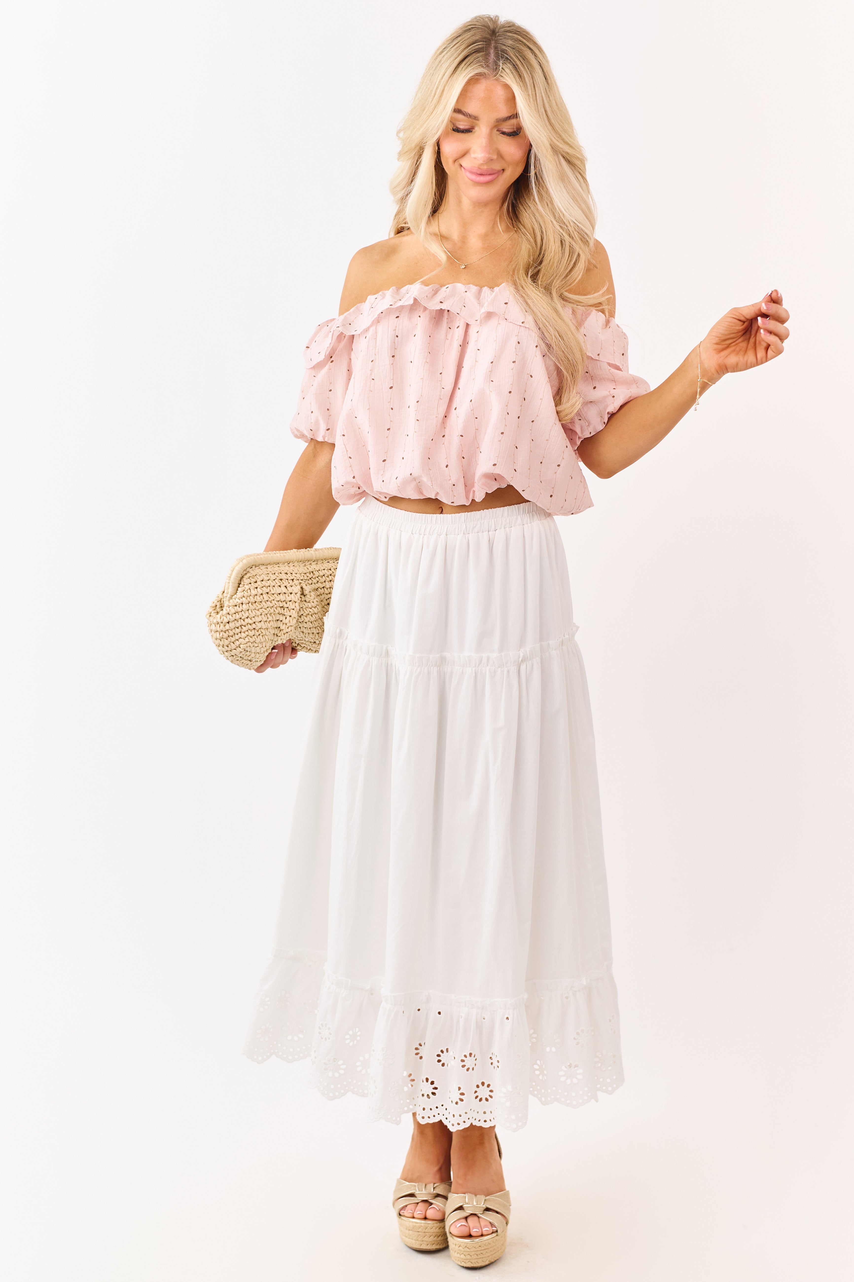 White Daisy Eyelet Hem Tiered Cotton Maxi Skirt