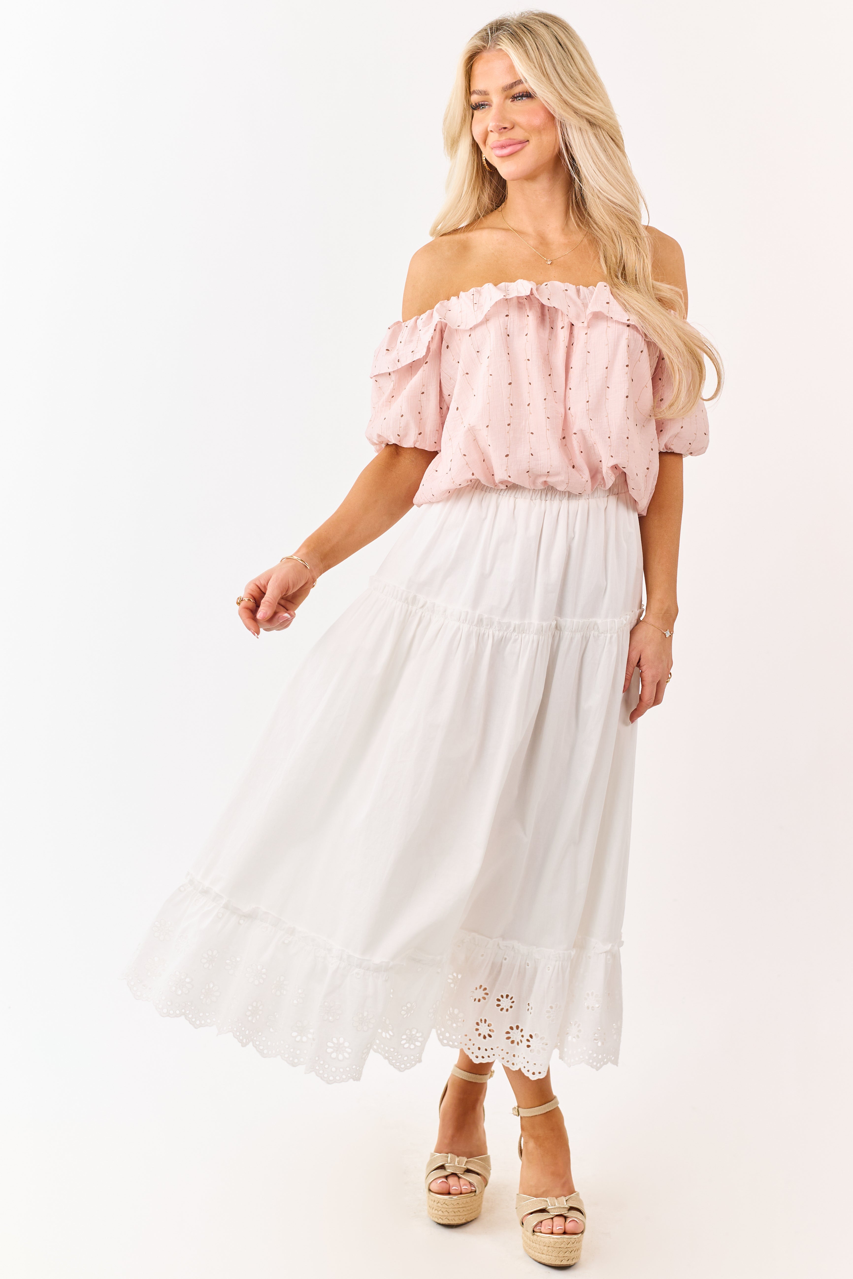 White Daisy Eyelet Hem Tiered Cotton Maxi Skirt