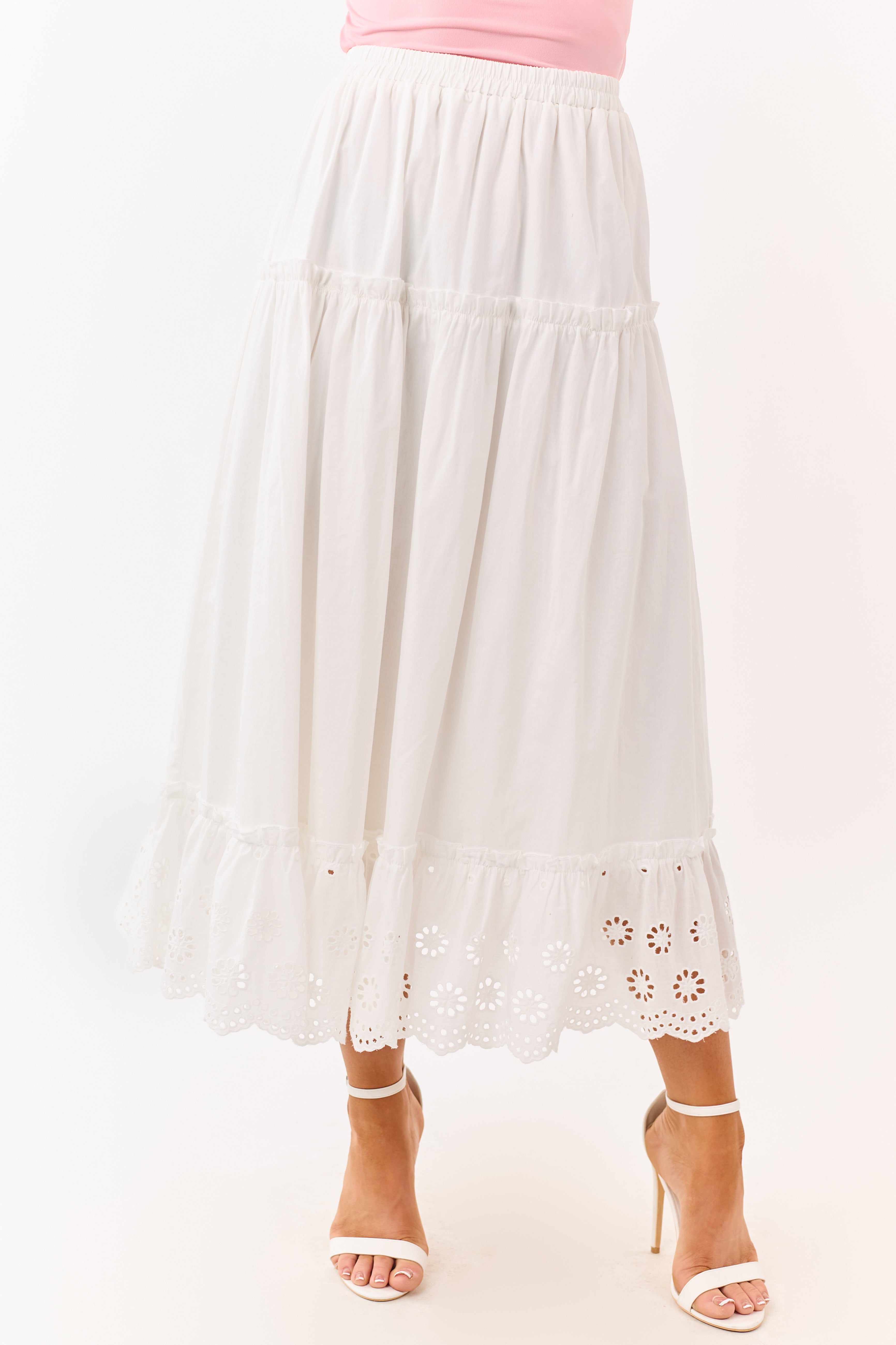 White Daisy Eyelet Hem Tiered Cotton Maxi Skirt