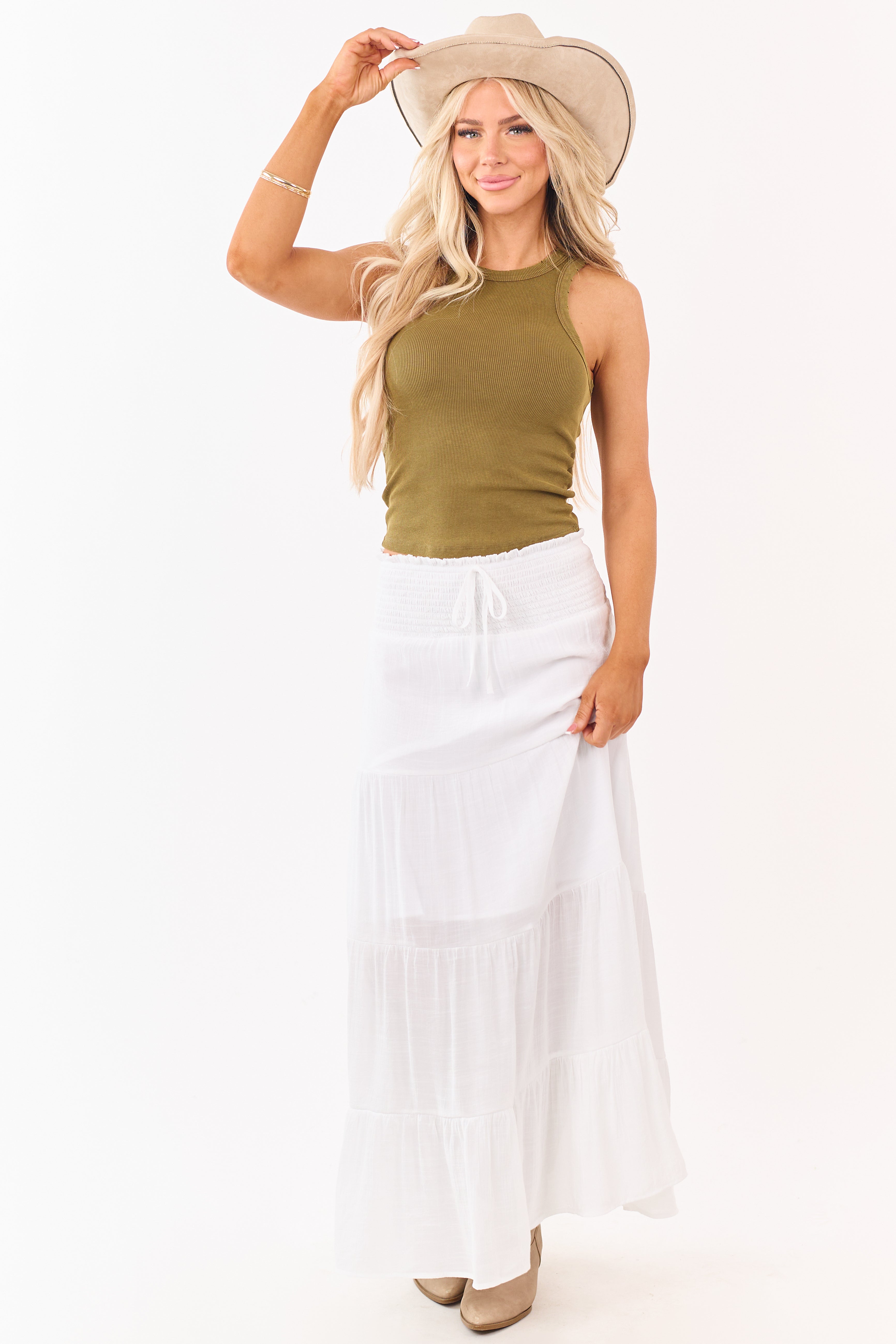 White Smocked Waist Tiered Maxi Skirt