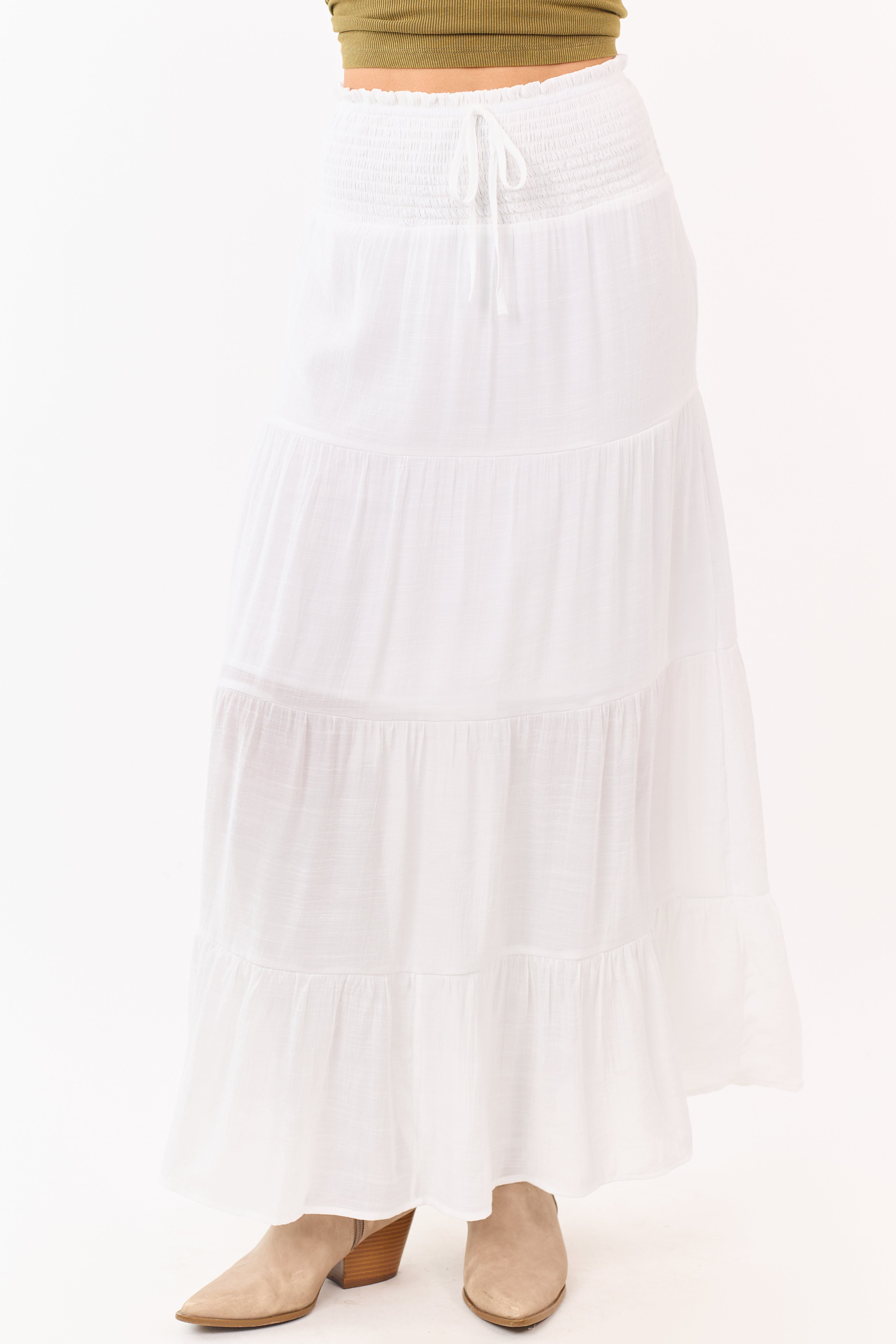 White Smocked Waist Tiered Maxi Skirt