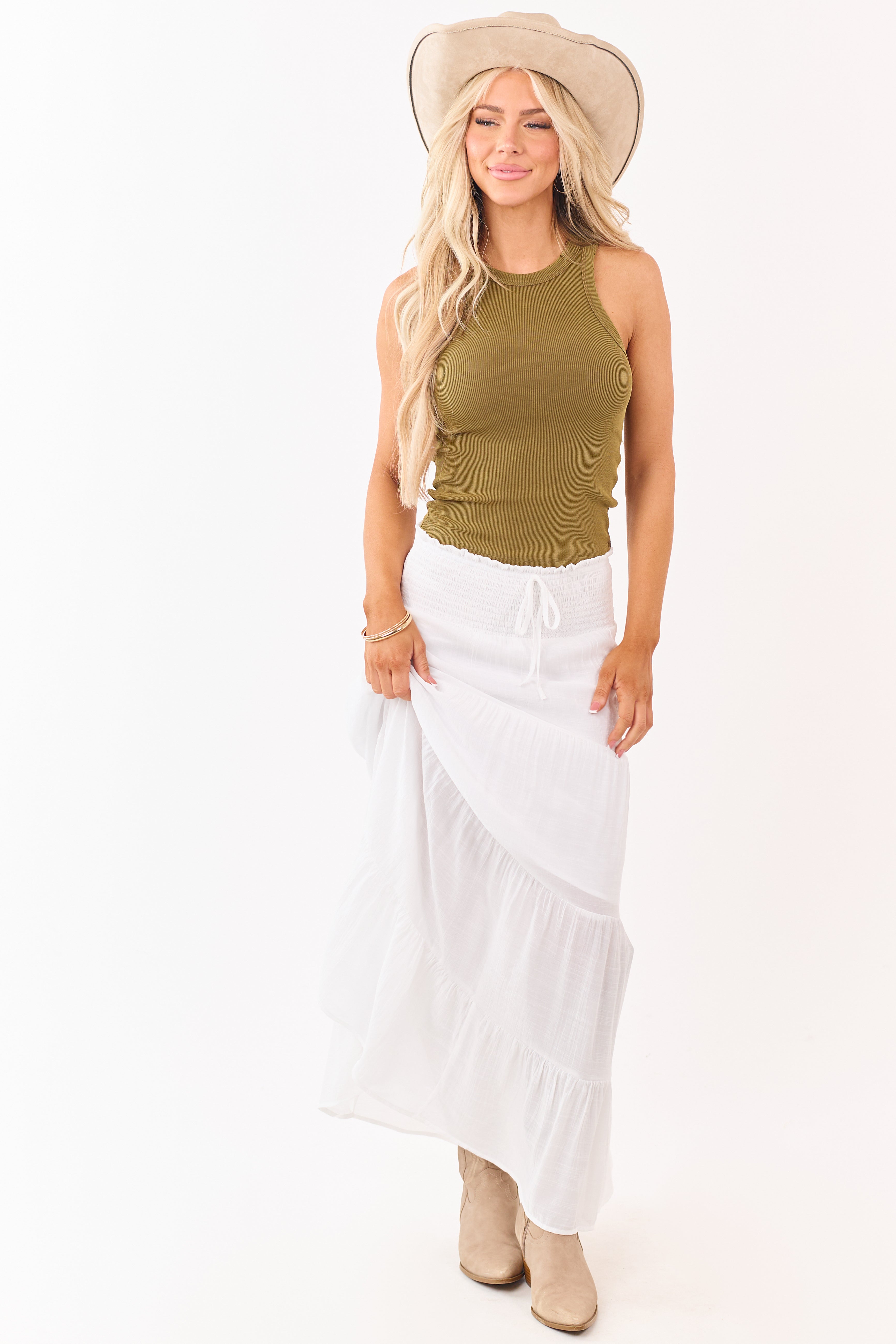 White Smocked Waist Tiered Maxi Skirt