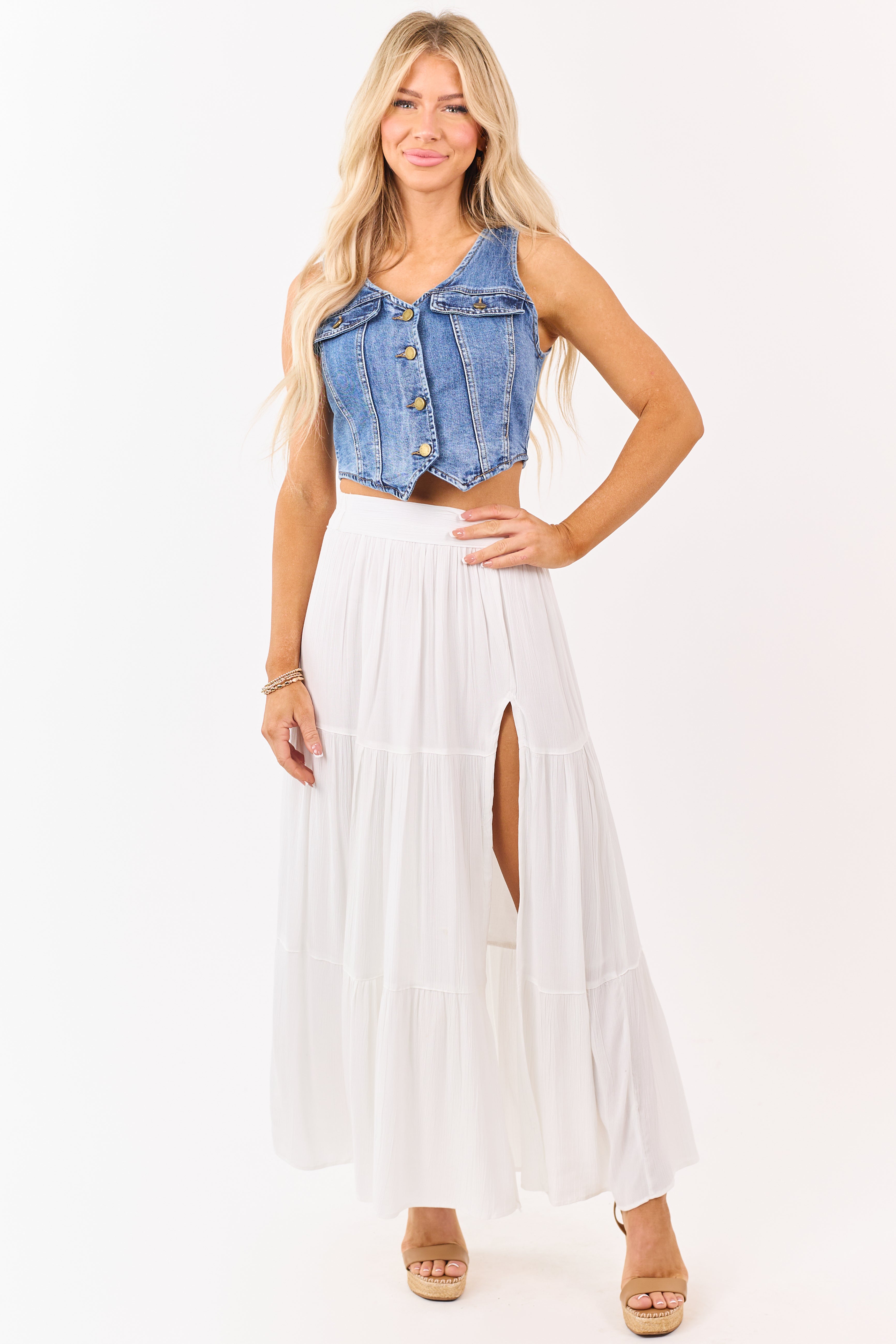 White Tiered Side Slit Maxi Skirt