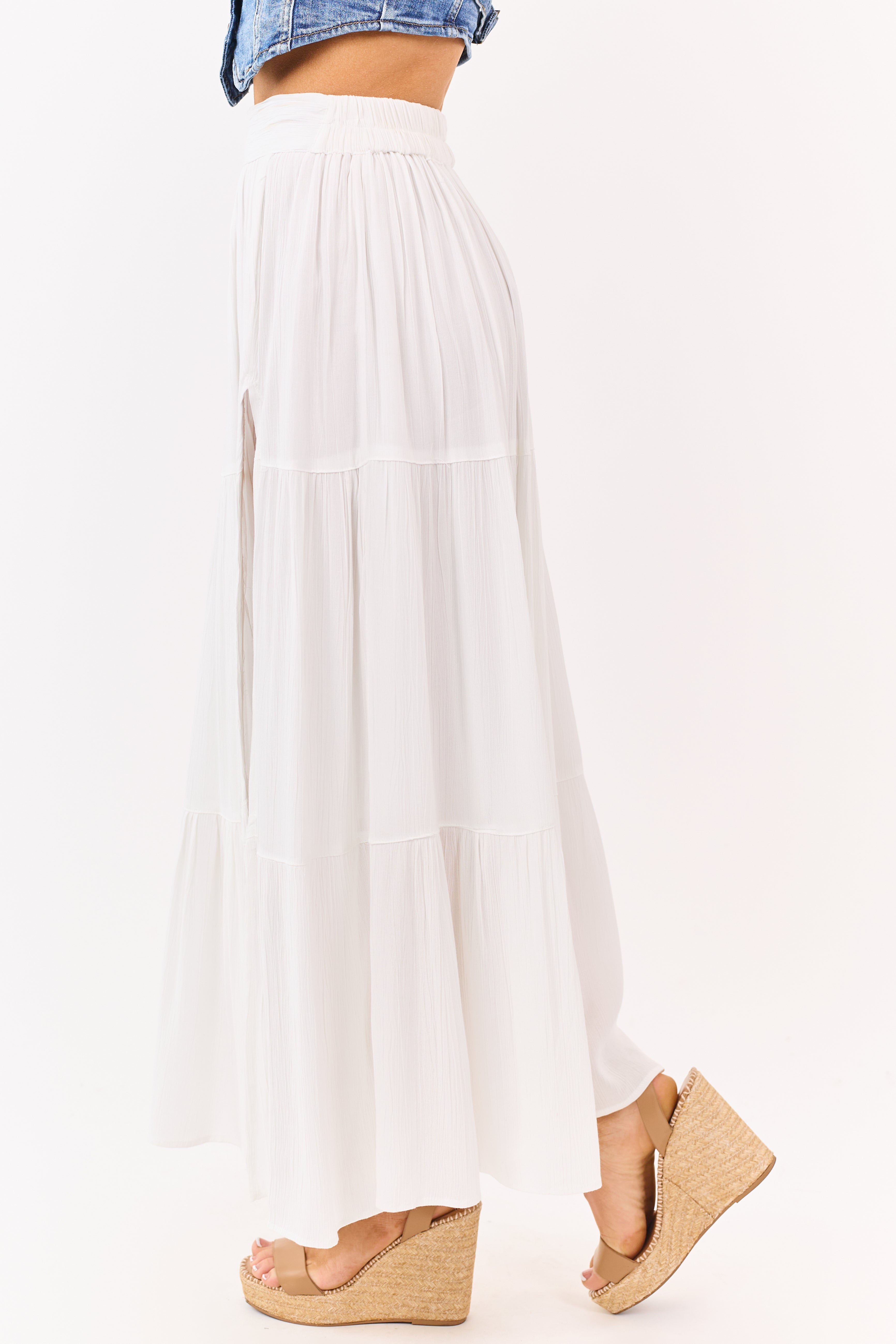 White Tiered Side Slit Maxi Skirt